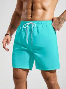 Manfinity KASUA Men's Solid Color Pocket Drawstring Waist Beach Shorts, Suitable For Summer Teal Swim Trunks Men Swim Trunks Drawstring, Holiday - Mint Blue - View 4