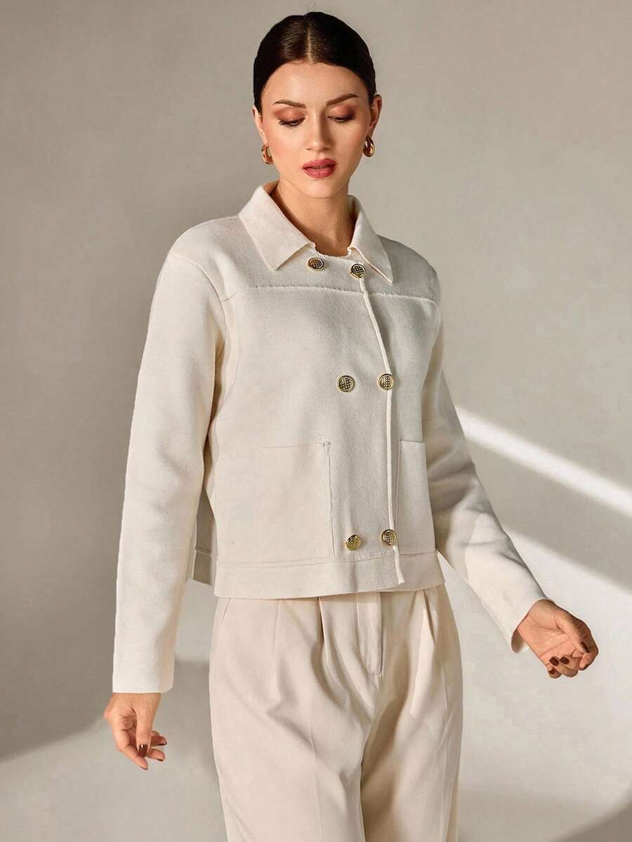 CLARA VERO Women Knit Cardigan Jacket With Gold Button And Polo Neck Elegant,Cardigans,Long Cardigans Woman,Petite,Tall - Beige - View 1