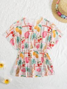 Young Girl Random Print Vacation Style Cover-Up Cover Up