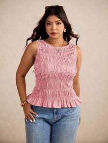 Elaquor 大码女式条纹褶饰下摆圆领吊带背心 - 紅色 - 查看 1