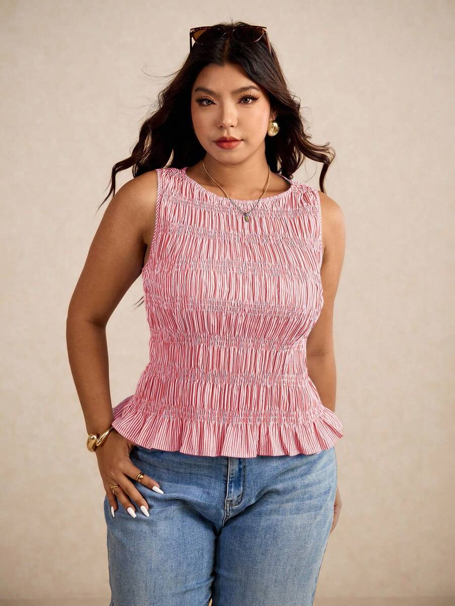 Elaquor 大码女式条纹褶饰下摆圆领吊带背心 - 紅色 - 查看 1