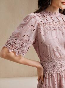 Anewsta Women's Hollow Collar Puff Sleeve Lace Patchwork Cinched Waist Long Dress, Elegant Vacation Style