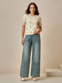 Anewsta Elegant Retro Chiffon Overlay Green Short Sleeve Slimming T-Shirt - Apricot - View 5