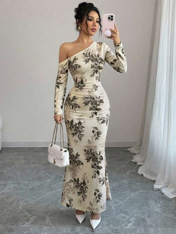 Rafferiza Vestido de manga larga ajustado con hombro oblicuo y estampado floral para mujer