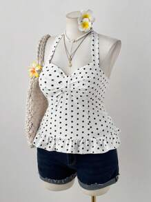 Sweetra Maiou de damă mărime mare, cu volane, decolteu halter, cu buline romantice, model polka dot - Multicolor - Vizualizare 6