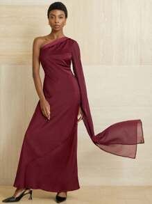Aveloria Modichic 1pc Elegant Satin Dress With Thigh-High Slit, Long Sleeve Evening Gown Fall Cloth For Women - Red Violet - View 5