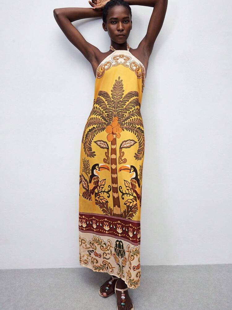 SHEIN Maija Women's Yellow Summer Sleeveless Tie-Waist Printed Dress, Backless Sexy Bohemian Loose Long Beach Dress, Summer Women's Beachwear And Vacation Wear, Women's Animal Print Beach Vacation Wear