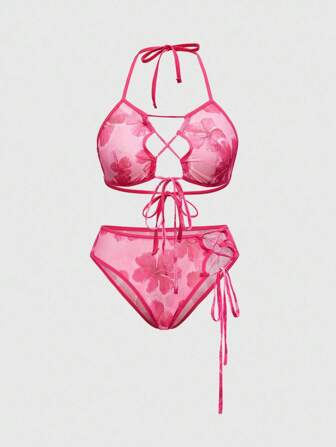 ROMWE Avant Ensemble de lingerie sexy pour femmes à nouer, style vacances de printemps/été, motif hibiscus en maille transparente