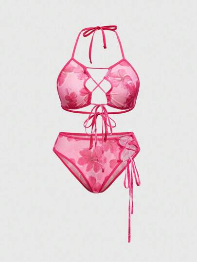 ROMWE Avant Spring/Summer Vacation Style Hibiscus Mesh Sheer Tie-Up Women Sexy Lingerie Set
