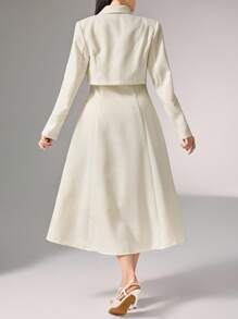 Heiryn 女士优雅纯色披肩领 3/4 袖夹克和无袖连衣裙套装秋冬 - 米色 - 查看 6