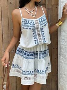 Lyxana Women's Casual Holiday Retro Print Patchwork Ruffle Strap Mini Dress, Summer - Multicolor - View 4