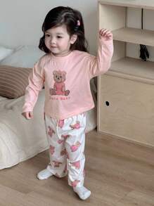 Dazy Kids Baby Girl Letter & Cartoon Bear Print Long Sleeve Top And Pants Pajamas,Toddler Fall Clothes - Baby Pink - View 4