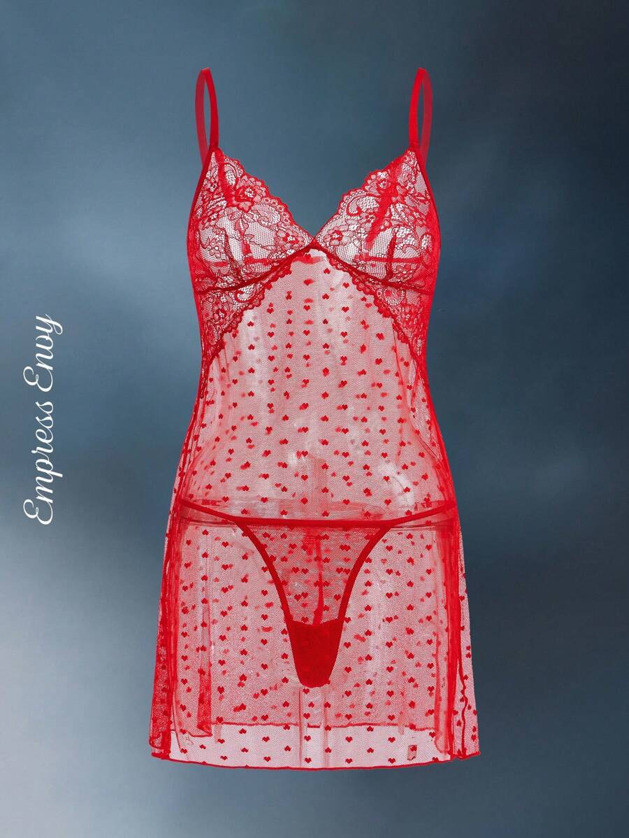 SHEIN Women's Lace Patchwork Sheer Sexy Nightgown - Red - View 1