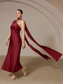 Aveloria Rosie Plus Size Sleeveless Midi Dress With Asymmetrical Asymmetric Hem, High Waist, Wrapped Satin Scarf, Party Dress - Burgundy - View 3