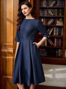 Vintamour 复古经典优雅女装秋冬修身船领连衣裙七分袖连衣裙海军蓝连衣裙金属纽扣口袋连衣裙 - 藏蓝色 - 查看 6