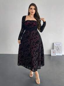 Firerie فستان طويل أنيق للنساء ذوات الحجم الكبير مزين بالشبك المخمل، فستان طويل أنيق بأكمام طويلة وياقة مربعة/فستان ضيق مطوي بخصر متباين باللونين الأحمر والأسود/فستان طويل بأكمام طويلة للنساء ذوات الحجم الكبير/فستان أنيق للمعلمات