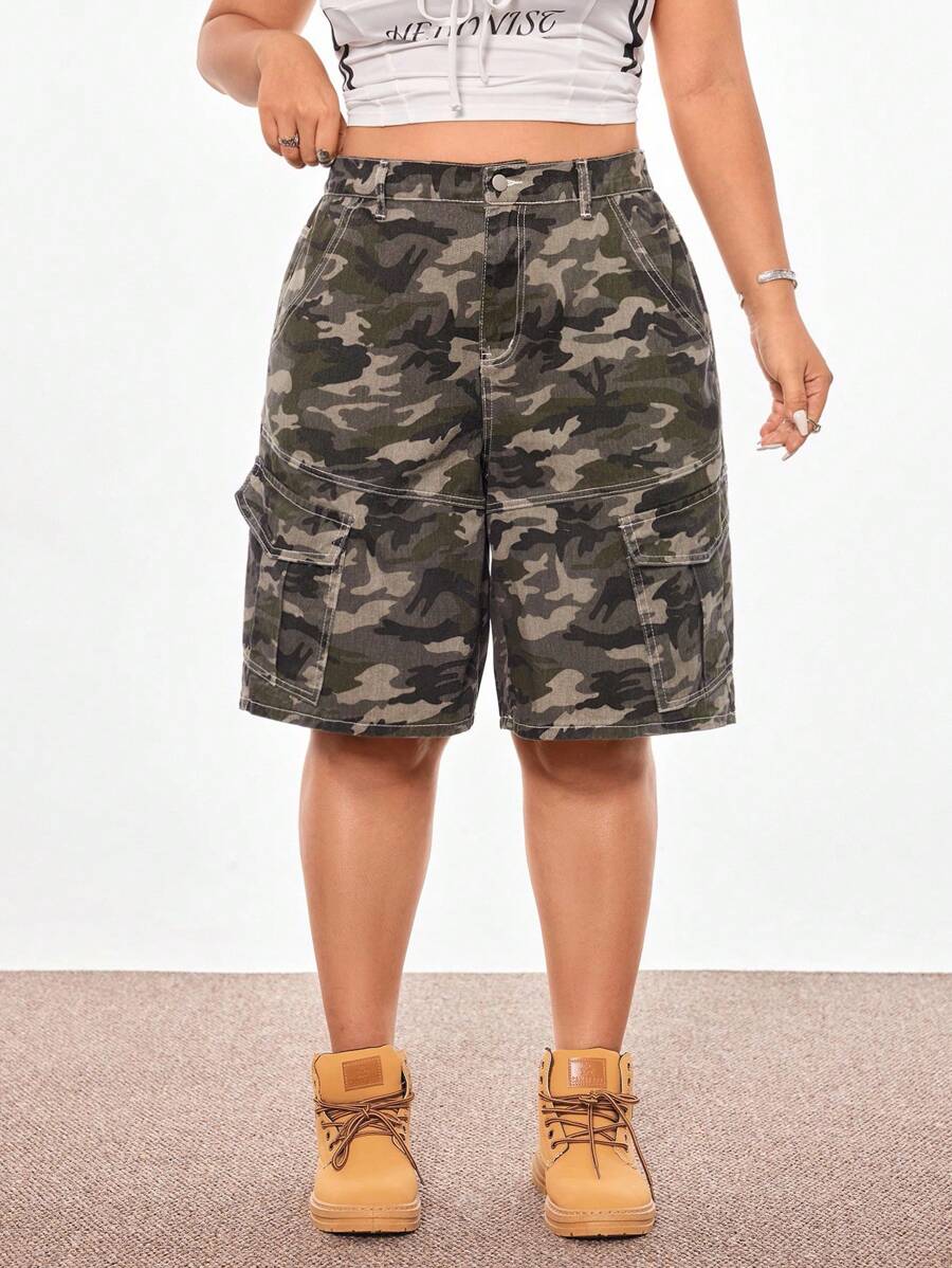 SHEIN ICON 大码多口袋迷彩实用牛仔短裤 - 彩色 - 查看 1