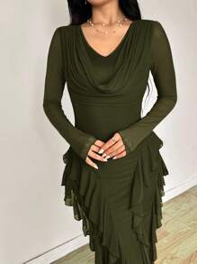 Modelyn 女式弹力网眼荷叶边领修身优雅长裙，春夏 - 墨綠色 - 查看 6