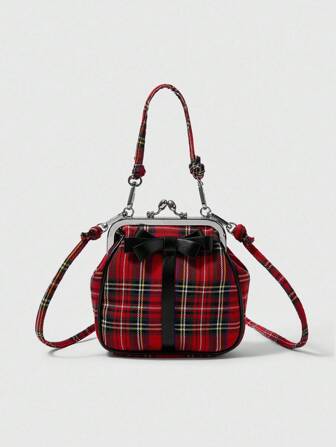 Grunge Punk Vintage British Red Plaid Handbag With Bow Decor, Romantic & Elegant Lady Tote Bag, Suitable For Casual Daily Use