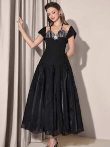 Poshira 女士优雅派对条纹拼接水钻装饰长裙中长款鸡尾酒会礼服黑色优雅连衣裙中长款正式连衣裙 1920 年代复古连衣裙咆哮的 20 年代连衣裙，女士时尚休闲秋季服装，可爱复古端庄女士服装，返校学校服装，返校连衣裙，女士教师服装 - 黑色 - 查看 1