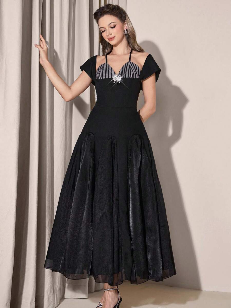 Poshira 女士优雅派对条纹拼接水钻装饰长裙中长款鸡尾酒会礼服黑色优雅连衣裙中长款正式连衣裙 1920 年代复古连衣裙咆哮的 20 年代连衣裙，女士时尚休闲秋季服装，可爱复古端庄女士服装，返校学校服装，返校连衣裙，女士教师服装 - 黑色 - 查看 1