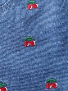 SHEIN 1 套女婴水洗蓝色休闲修身可爱樱桃刺绣牛仔背心和时尚樱桃刺绣牛仔短裤，2 件套服装，简约时尚百搭日常穿着 - 中等水洗藍 - 查看 6