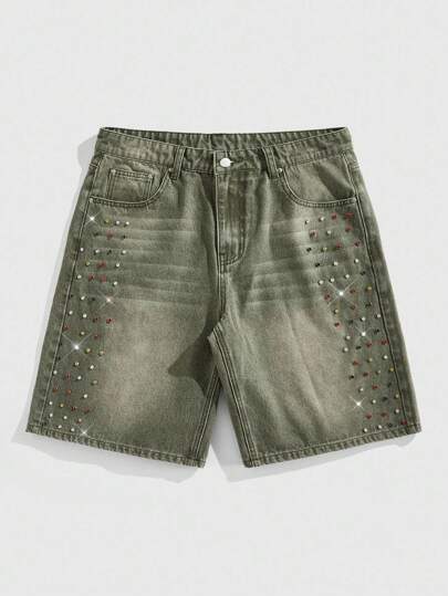 Grunge Punk Shorts vaqueros de hombre de corte holgado con diseño de diamantes coloridos