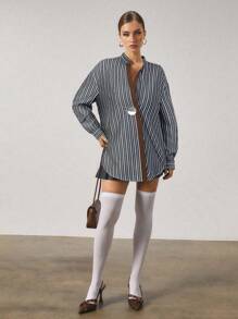 Athîral 女式蓝色条纹撞色棕色金属袖口斜襟长袖衬衫 - 藍色 - 查看 6