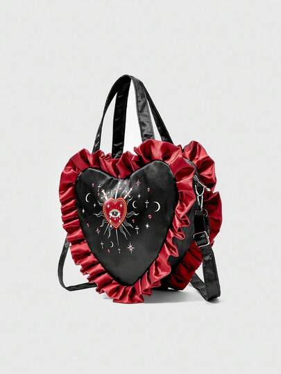 Goth Women's Contrast Ruffle Trim Eye Pattern Heart Shaped Shoulder Bag
