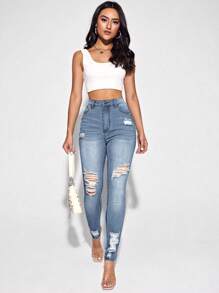 Stylish High Waist Light Wash Women's Skinny Jeans With Distressed Design And Comfortable Stretch - Light Wash - View 2