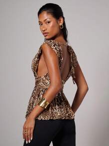 COSMINA 四季女式性感优雅豹纹深 V 领露背系带荷叶边上衣，外出上衣 - 棕色 - 查看 2