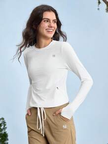 In My Nature Nature Hike 女式户外白色长袖 T 恤，弹性贴肤，拉链口袋，拇指孔