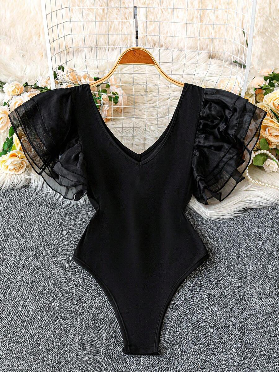 Celure 大码优雅撞色网眼荷叶边 V 领紧身衣，夏季