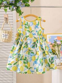 SHEIN Explorewe Young Girl Cute Floral 3D Decor Sleeveless Dress, Girls Tailored 3D Cut Design Fit For Summer Casual, Garden, School Wear Girls Lemon Dress Little Girls Lemon Dress Yellow Girls Dress Girls Bow Dress Lemon Print Dress Girls Girls Lemon Print Dress Yellow Lemon Print Dress - Yellow - View 3