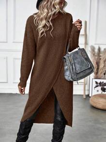 EMERY ROSE Women's Casual Solid Color Wrap Sweater, Autumn/Winter Knit Pullover Fall - Brown - View 3