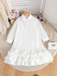 Young Girl Solid Color Long Sleeve Ruffle Hem Casual Shirt Dress Fall Winter - White - View 8