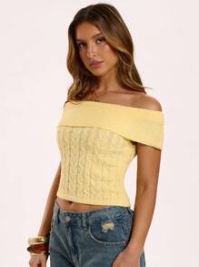 SHEIN BAE Summer Casual Solid Color Knitted Top,Cute,Streetwear,Basic Tops,Knit Sweater,Back To School,Off The Shoulder Sweater,Cute Sweater,Cropped Sweater,Fall For Women,Fall Sweaters,Off The Shoulder Sweater,Off Shoulder Sweater,Fall For Women,Fall Sweaters,Fall Women,Halloween Sweater - Yellow - View 4