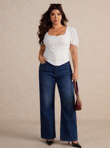 Elaquor Áo thun dáng ôm, màu trơn, chất liệu jacquard, cỡ lớn, thanh lịch, thích hợp cho nữ giáo viên. - trắng - Xem 3