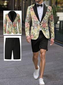 Manfinity AFTRDRK 2pcs/Set Men Floral Print Contrast Color Long Sleeve Jacket & Shorts Casual Suit