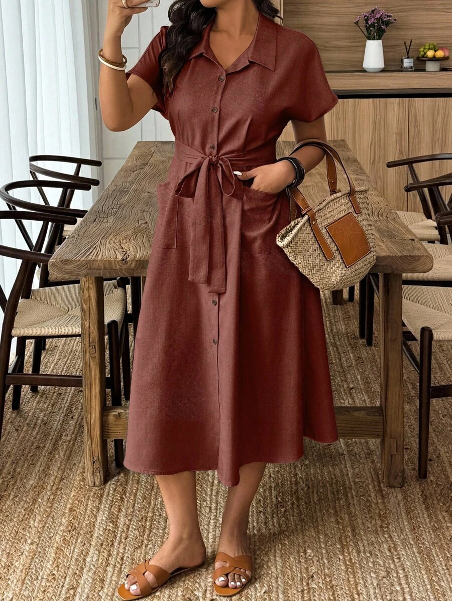 Weeklong Casual & Vacation Style Plus Size Women Solid Color Short Sleeve Single-Breasted Pocket Shirt Dress - Burgundy - View 1