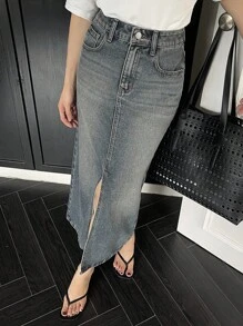 DAZY 女士夏季开衩常规中腰长款休闲牛仔裙 - 中等水洗藍 - 查看 6