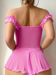 SHEIN Váy ngủ màu hồng nhạt bán trong suốt có viền cổ bèo nhún cho nữ Váy ngủ màu hồng Babydoll Đồ ngủ trong suốt xếp nếp màu hồng, Đi chơi - Màu Hồng Tươi - Xem 2
