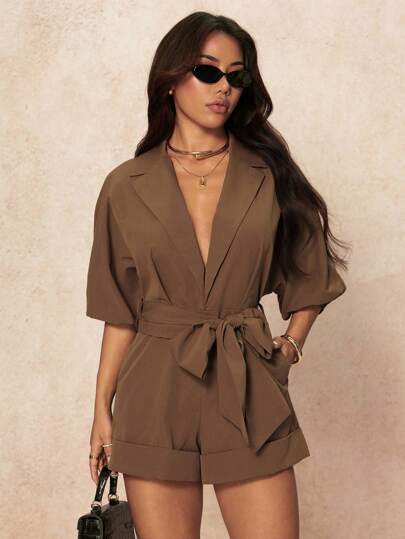 SHEIN PETITE 1件女士纯色翻领系腰带休闲连体衣