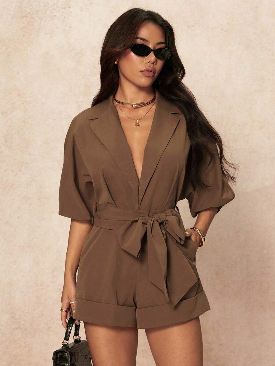 SHEIN PETITE 1件女士纯色翻领系腰带休闲连体衣 - 棕色 - 查看 1