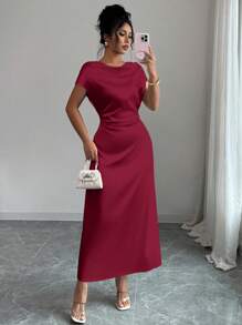 Rafferiza Đầm tay ngắn cổ buộc thanh lịch dành cho nữ, thích hợp cho buổi hẹn hò và đi làm - Màu Đỏ Sâu - Xem 4