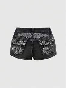 ROMWE Avant Quần short denim cạp thấp siêu ngắn thêu hình đầu lâu cánh phong cách Y2K cổ điển dành cho nữ - màu đen - Xem 5