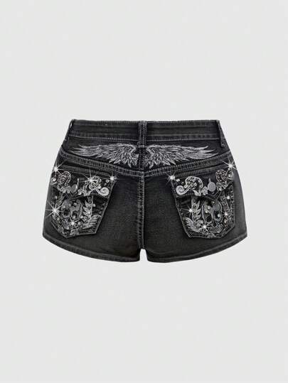 ROMWE Avant Spring/Summer Women's Y2K Retro Wing Skull Embroidery Low Waist Ultra-Short Denim Shorts