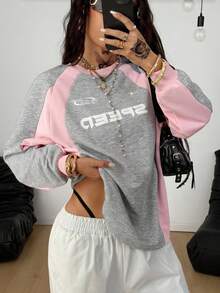 Coolane Women's Fall/Winter Back To School Streetwear Going Out Athleisure Graphics Color-Blocked Pink And Grey Long Sleeve Sweatshirt - Multicolor - View 5