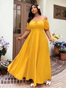 Solflare Solflare Plus Size Women Yellow Short Sleeve Casual Tie Front Waist Cinched Elegant Vacation Outfits Woman Casual Wedding Guest Dress, Spring/Summer, Sun Dress,Graduation Dress,Festival,Birthday Dresses For Women
