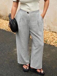 Elaquor 秋季大码女式条纹百搭百搭直筒金属纽扣西装裤 - 杏色 - 查看 3